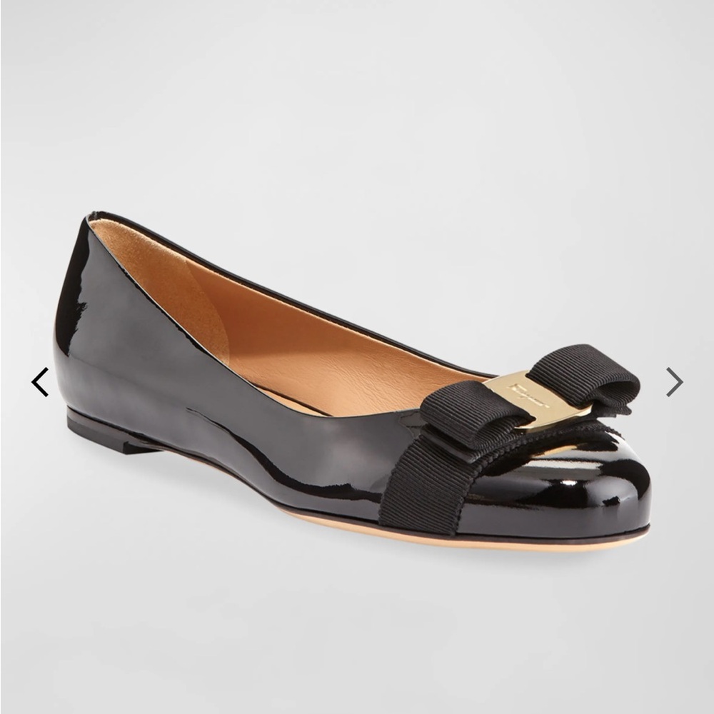 Salvatore Ferragamo Varina Black Patent Flats with Bow